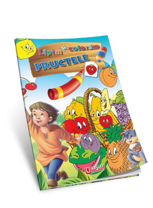 Caiet de Activități copii Lipim și Coloram - Fructe & Dinozauri - Stickere + colorat educativ
