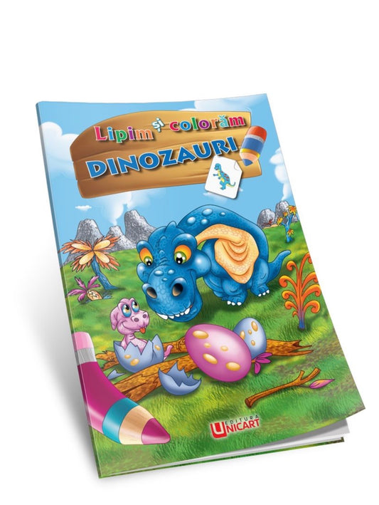 Caiet de Activități copii Lipim și Coloram - Fructe & Dinozauri - Stickere + colorat educativ