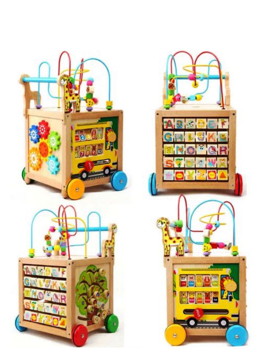 Antemergător Montessori din lemn cu cub educativ 6 activități – premergător cu mâner reglabil, roți antiderapante și frâne de siguranță